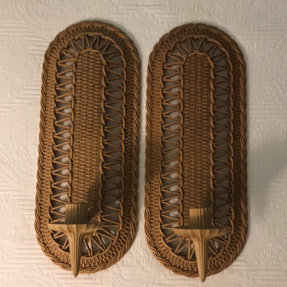 Burwood Products Company 1972 Faux Wicker Wall Hung Candelabra Candle Sconces